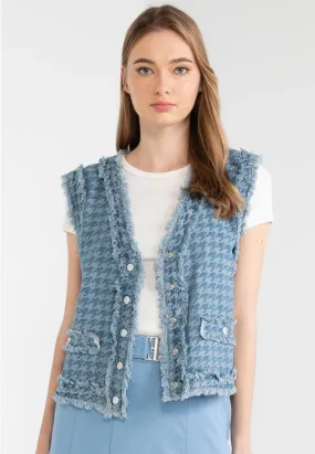 Houndstooth Ripped Fringe Denim Vest