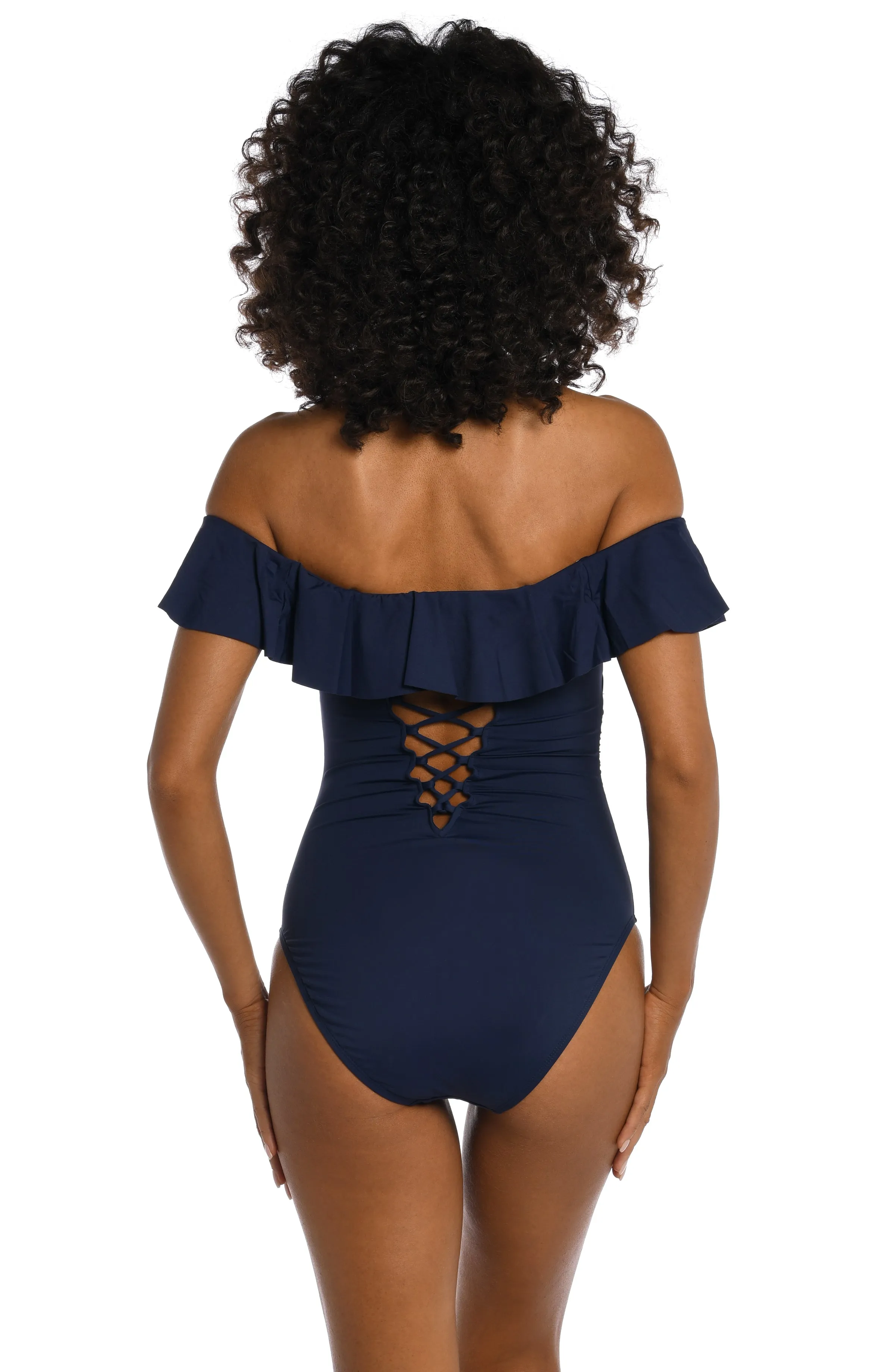 Island Goddess Off Shoulder Ruffle One Piece - Indigo