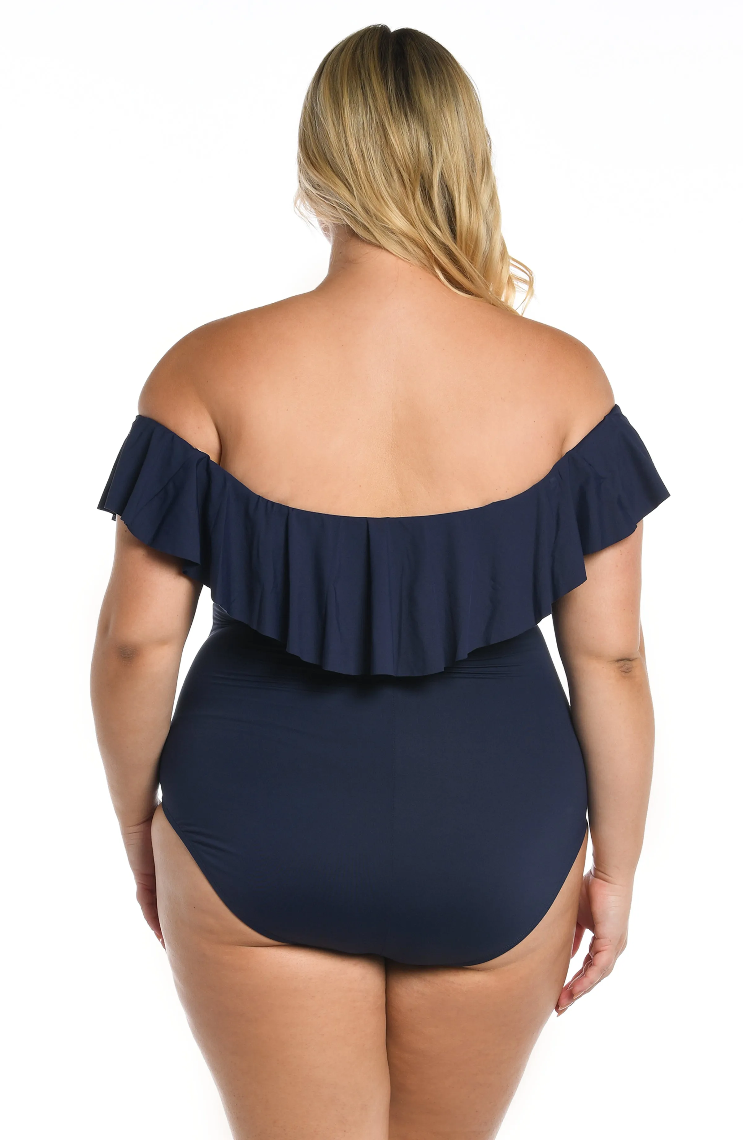 Island Goddess Off Shoulder Ruffle One Piece - Indigo