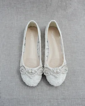 Ivory Lace Round Toe Flats with Small Pearls Applique