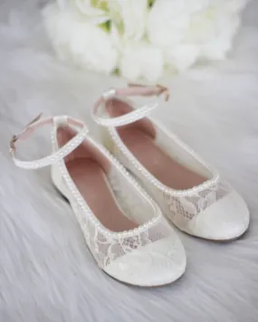 Ivory New Lace Ballet Flats with Mini Pearls and Ankle Strap