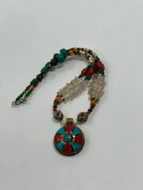 J103 Tibetan Inspired Stone Inlaid Pendant Necklace