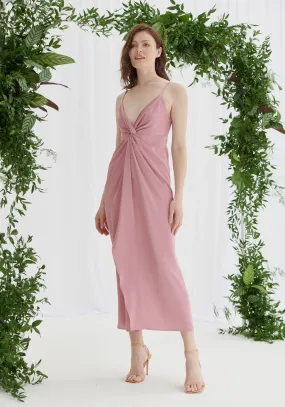 Dusky Pink Janette Twist Front Satin Midi Dress - Elegant Evening Wear for Women