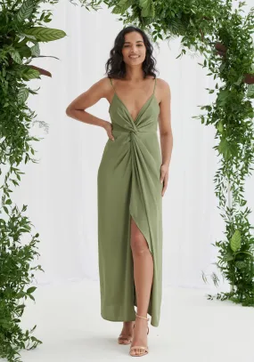 Janette Twist Front Satin Dress - Olive