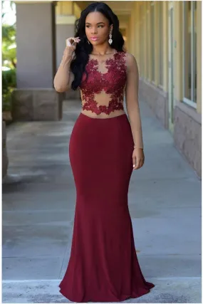 Jersey Scoop Neck Sexy Burgundy Mermaid Long Sleeves Zipper Appliques Prom Dresses