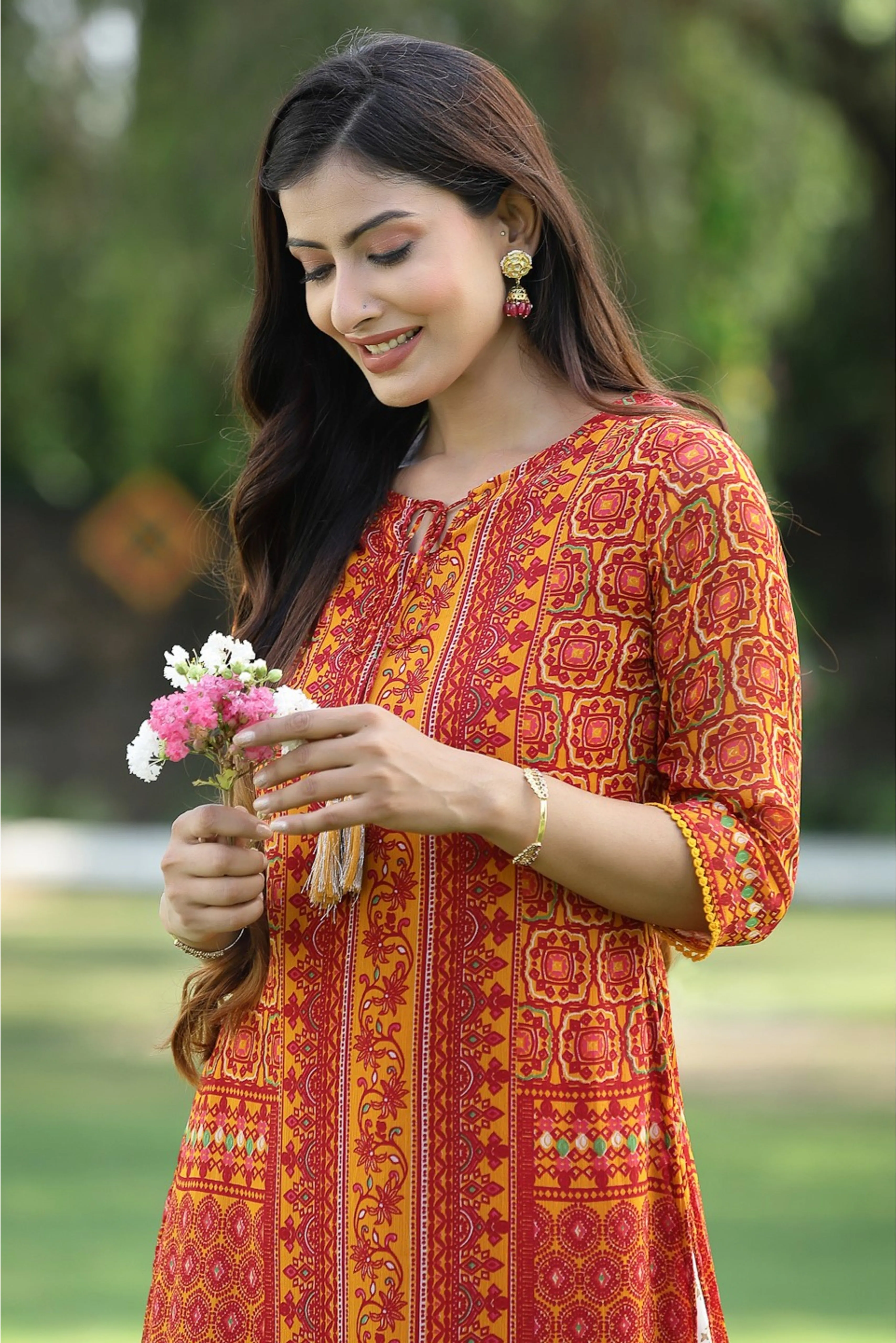 Juniper Mustard Chiffon Ethnic Motif Printed Straight Kurta With Tie-Ups