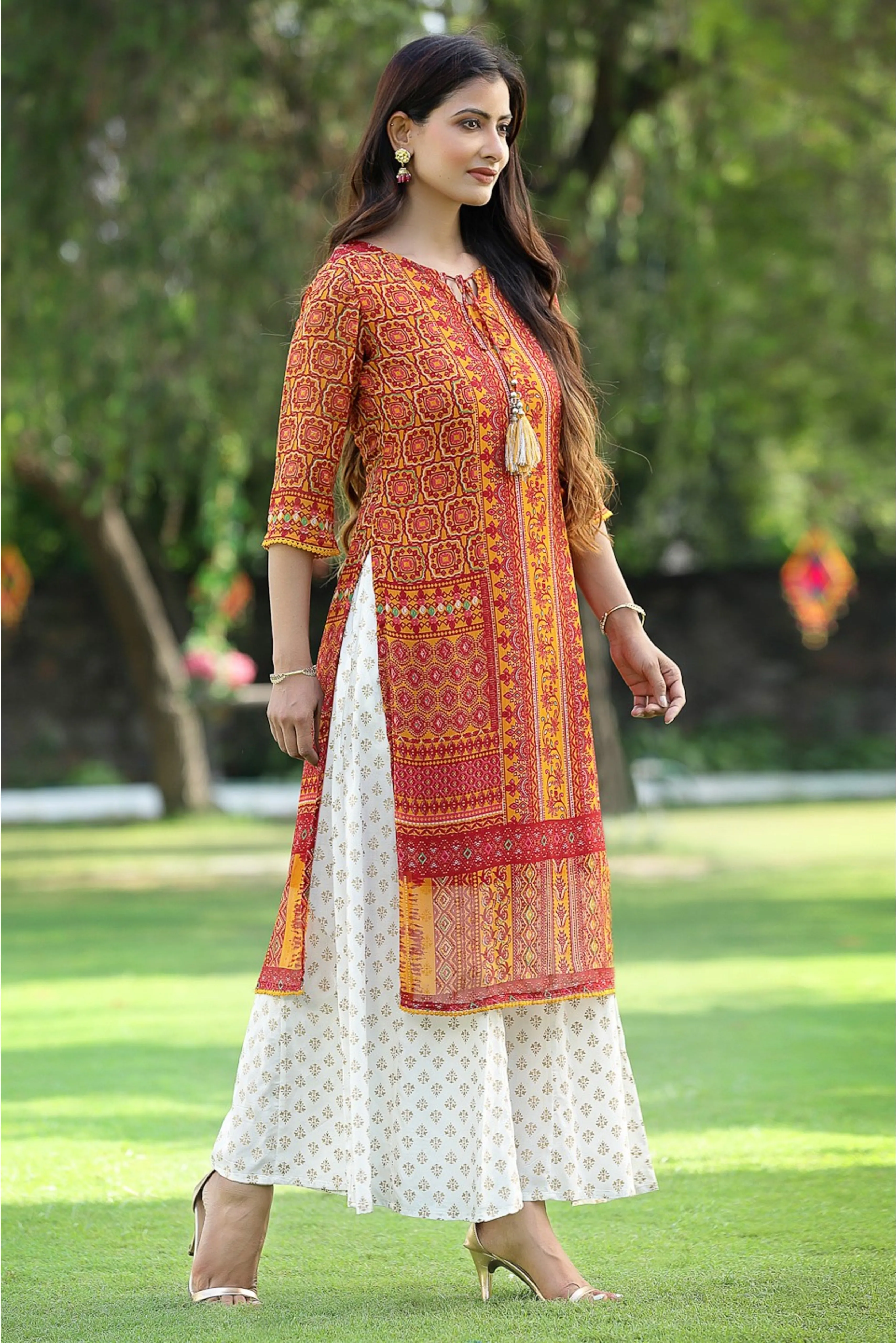 Juniper Mustard Chiffon Ethnic Motif Printed Straight Kurta With Tie-Ups