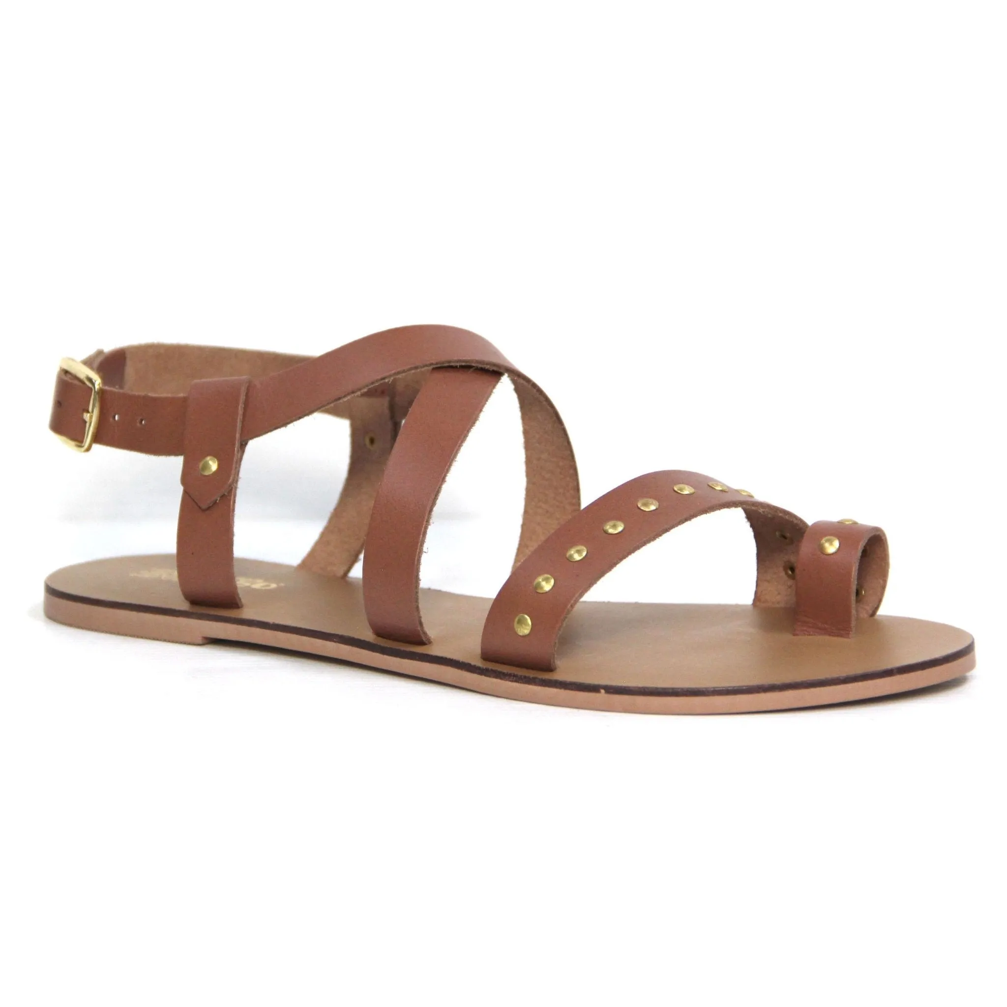 Just Because Denaruu Roman Studded Sandal in Tan Leather