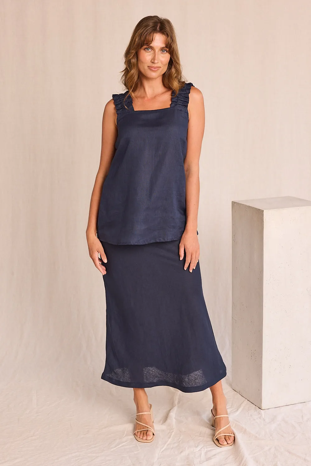 Katie Bias Cut Linen Skirt in Navy