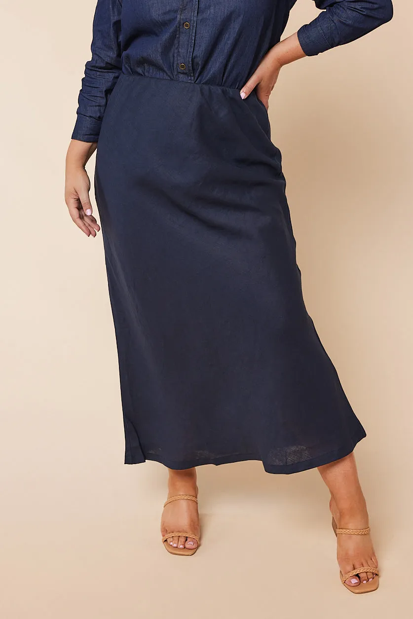 Katie Bias Cut Linen Skirt in Navy