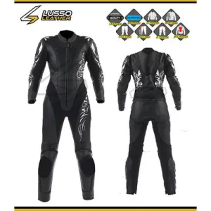 Keeleys black motorcycle leather suit with design