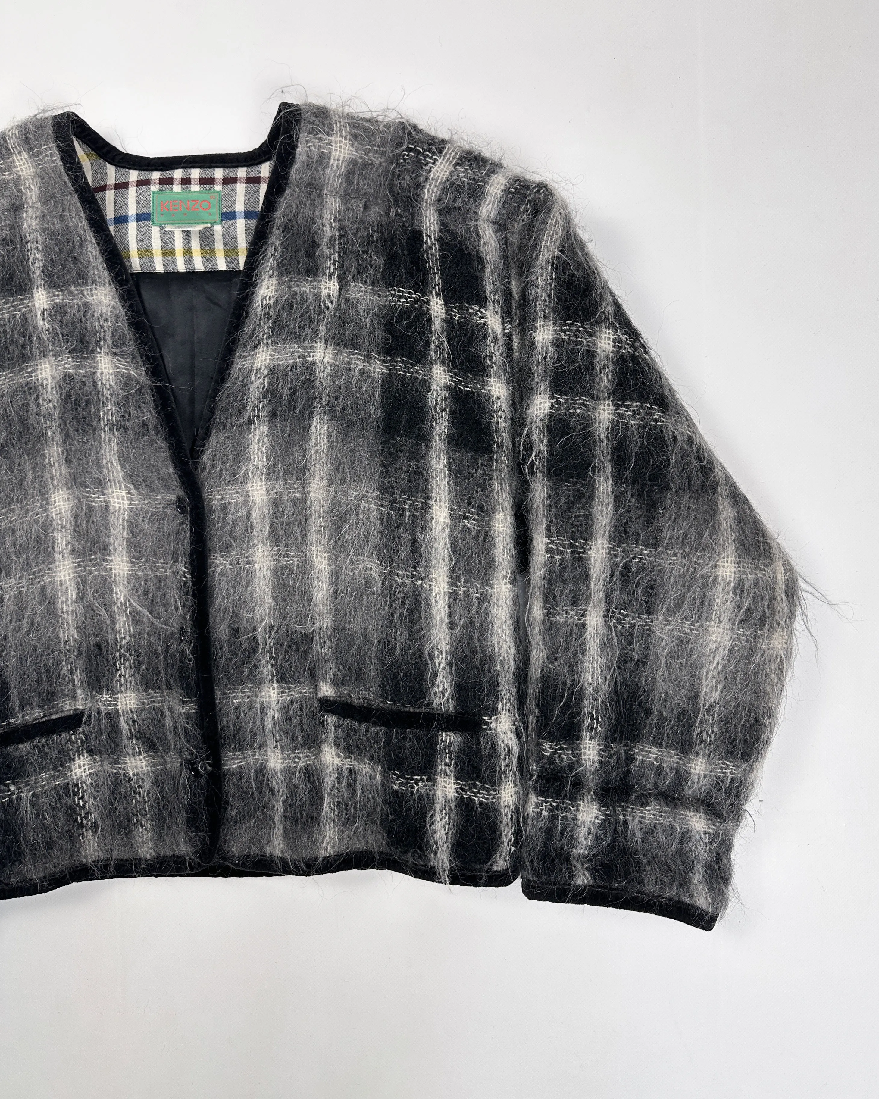 Kenzo Mohair Checkered Grey Cropped Cardigan 2000's