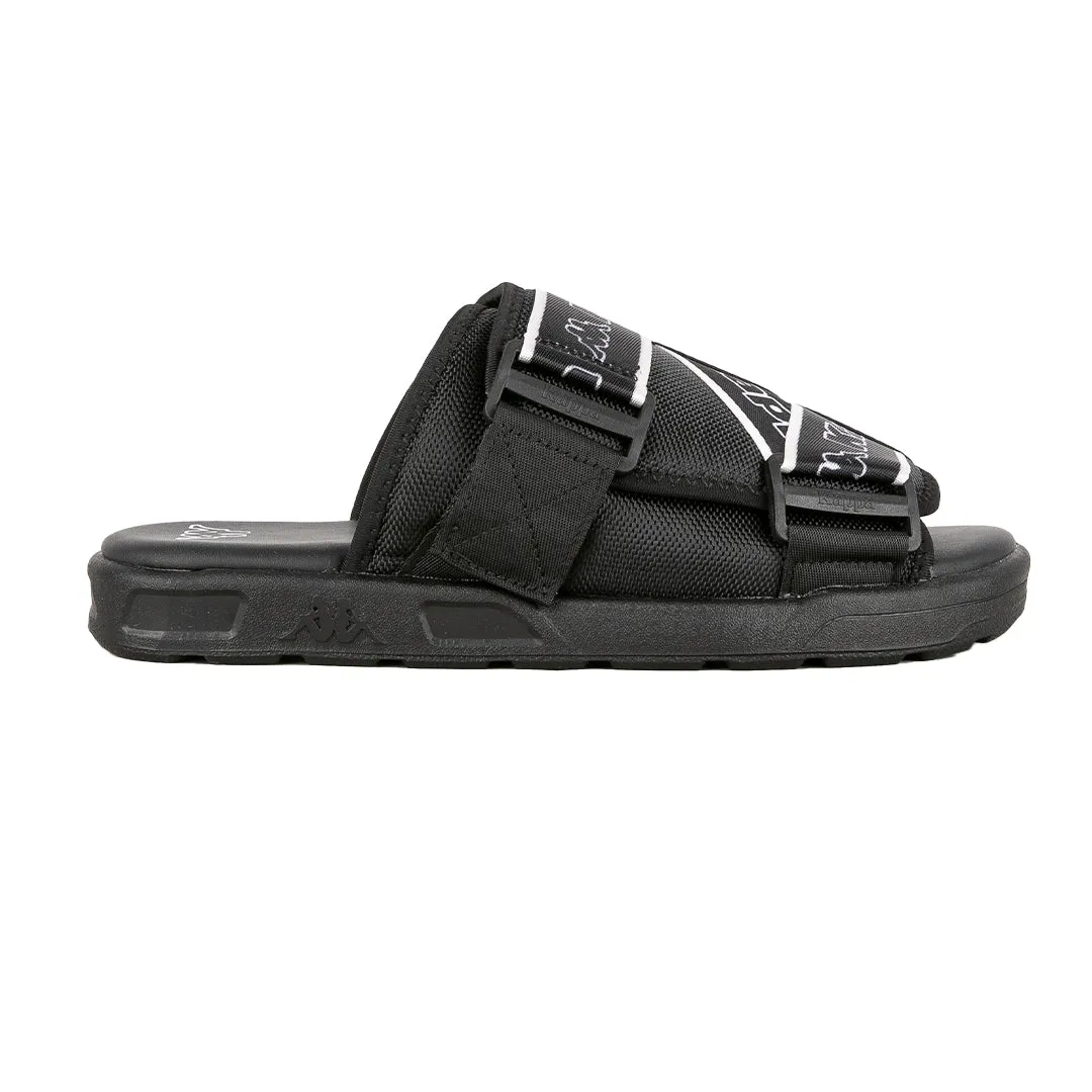 Sure! Here’s an optimized product title for the e-commerce listing:

Stylish Logo Tape Kalpi Sandals - Black & White Trendy Footwear for Summer