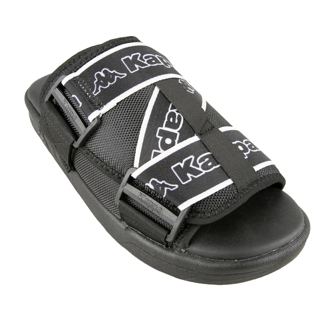 Sure! Here’s an optimized product title for the e-commerce listing:

Stylish Logo Tape Kalpi Sandals - Black & White Trendy Footwear for Summer