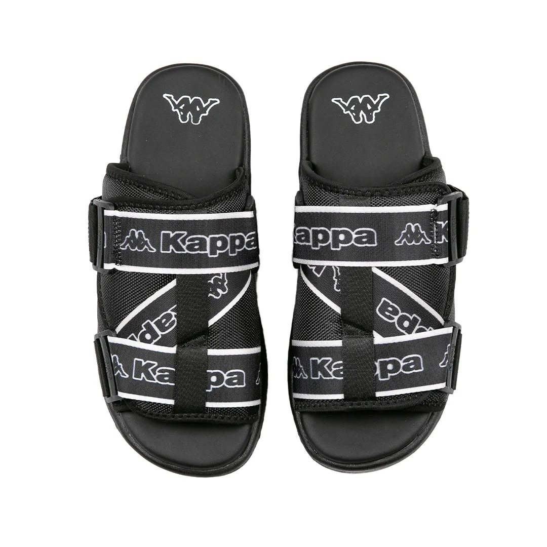 Sure! Here’s an optimized product title for the e-commerce listing:

Stylish Logo Tape Kalpi Sandals - Black & White Trendy Footwear for Summer