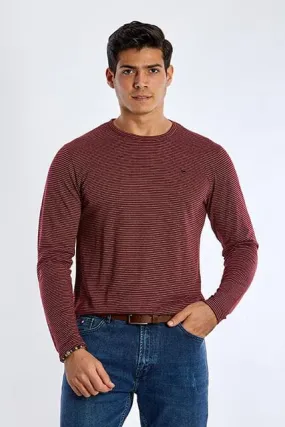 Long Sleeve Round Neck Striped T-Shirt - WINE