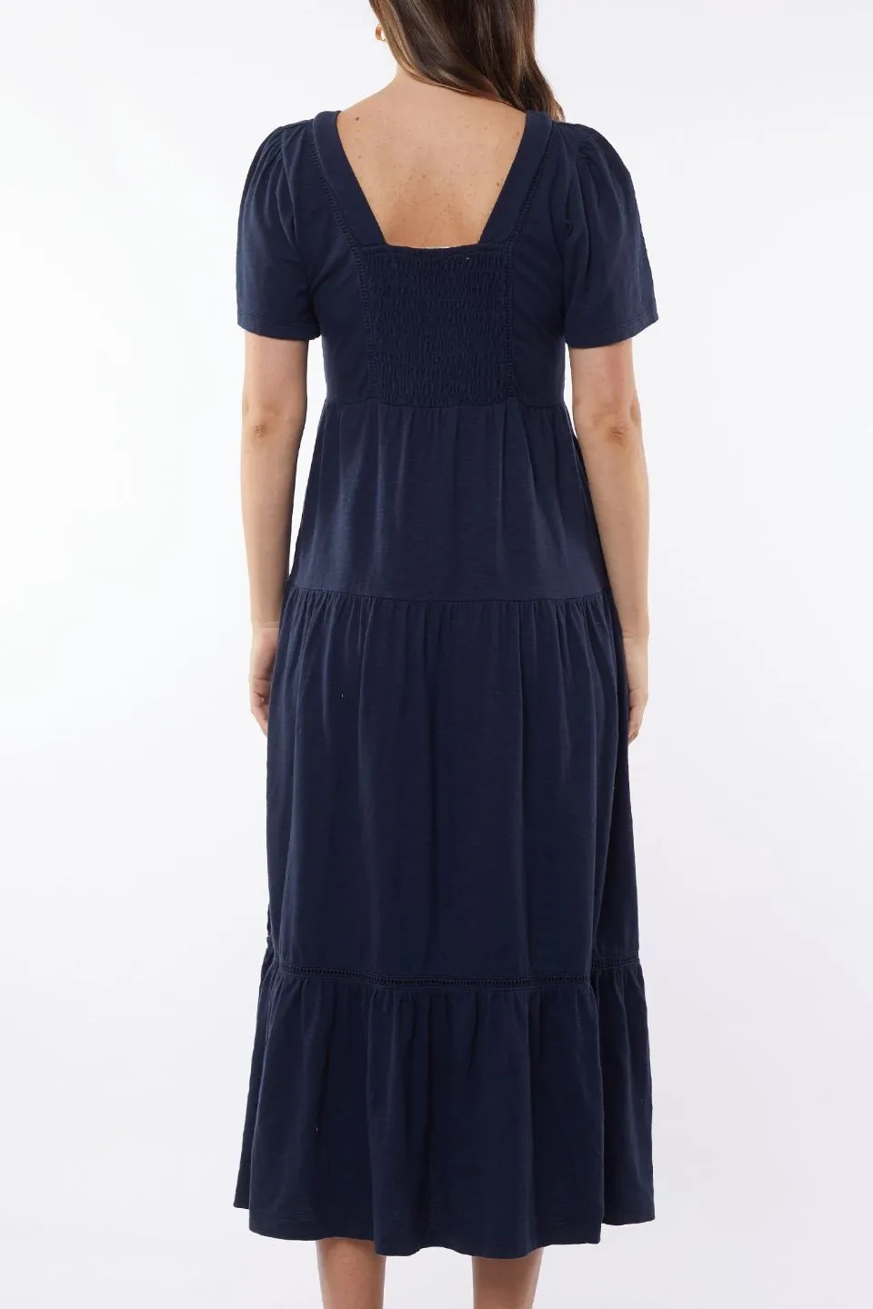 Market Square Neck SS Tiered Midi Navy Dress