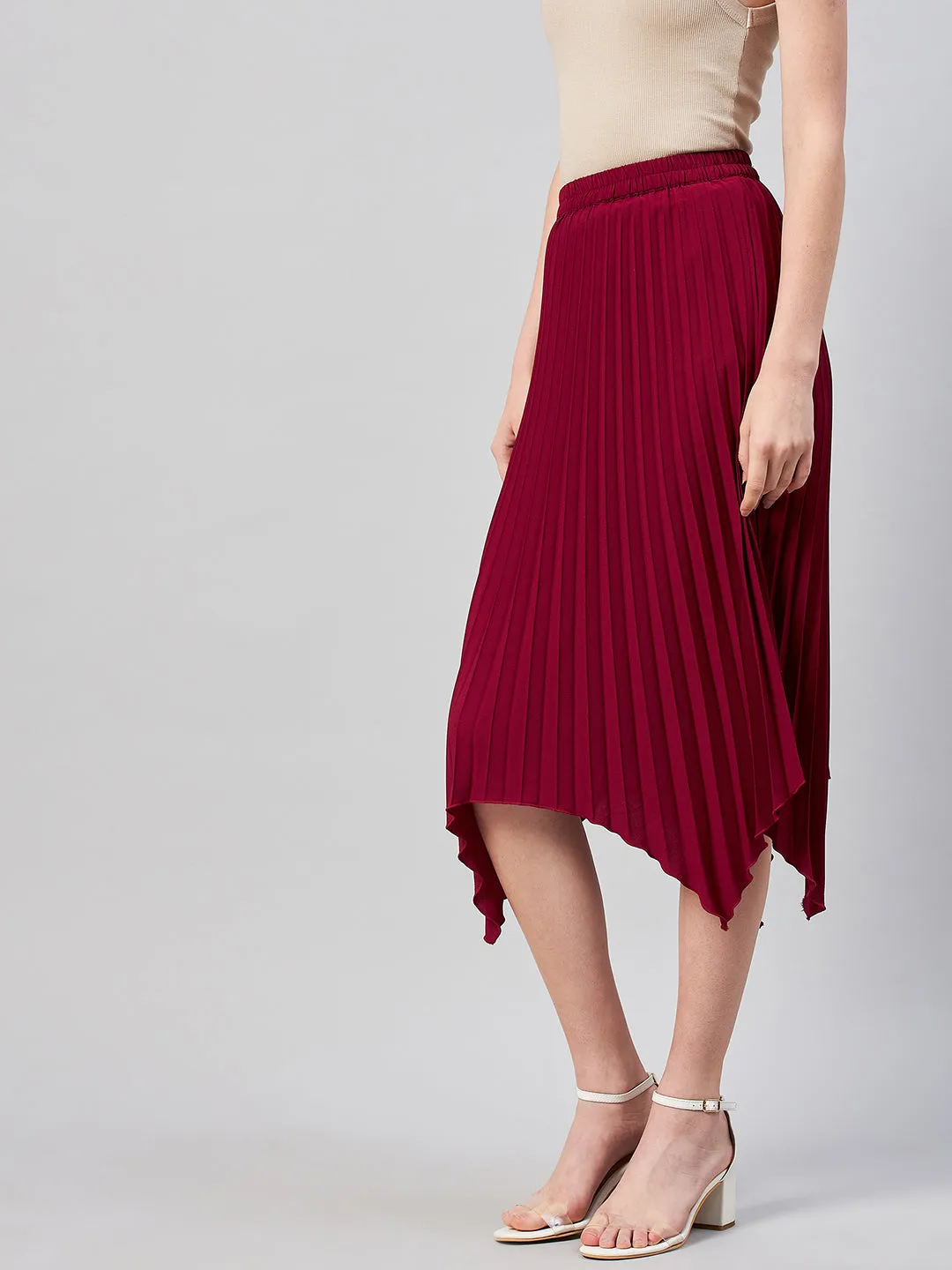 Maroon Solid Pleated A-Line Midi Skirt