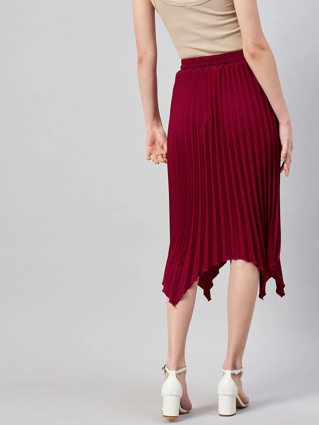 Maroon Solid Pleated A-Line Midi Skirt