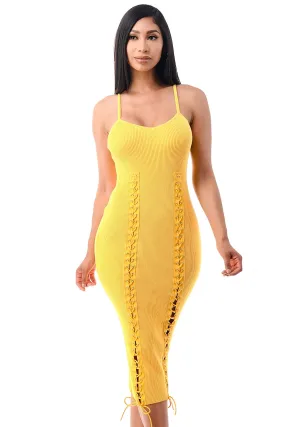 Mellow Yellow Lace up Bodycon Dress (Plus)