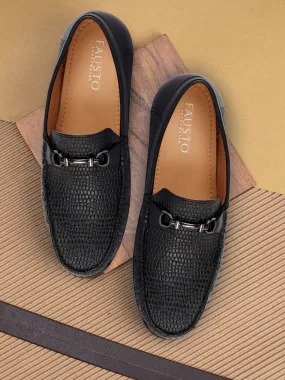 Men Black Horsebit Buckle Embossed Casual/Dress Loafer Shoes