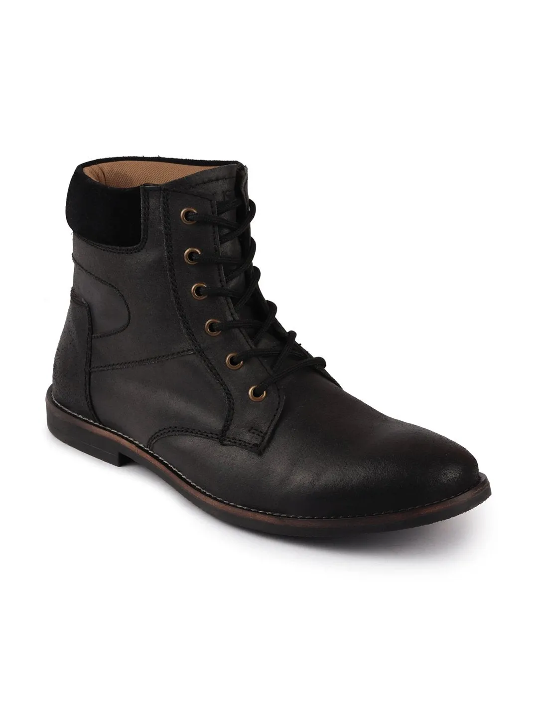 Men Black Mid Top Lace Up Leather Boots