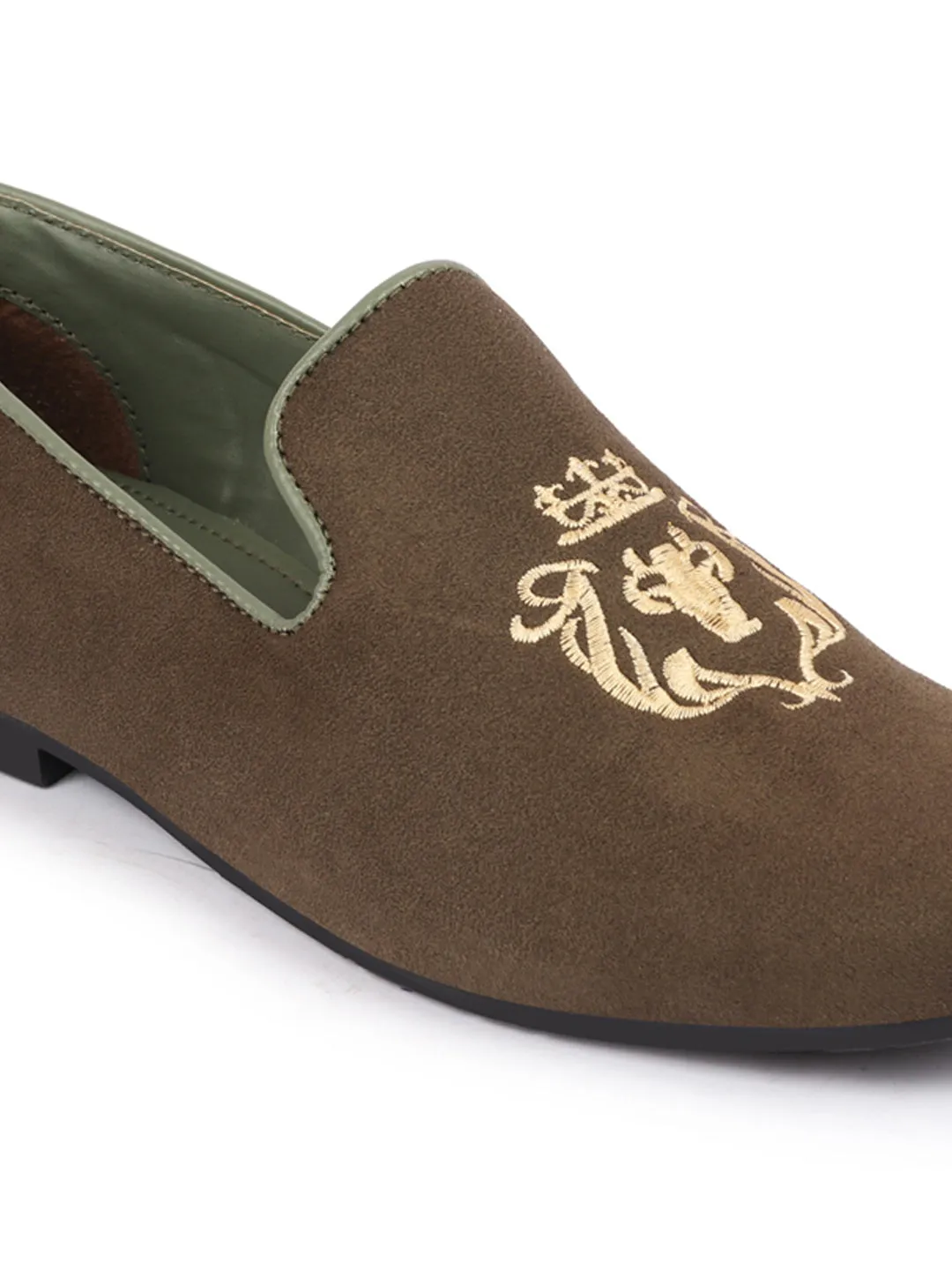 Men Olive Embroidered Velvet Slip On Loafers