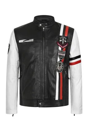 Men's Genuine Leather Black and White Biker Jacket - 'JOSEPH'