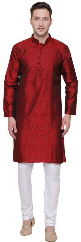 Men's Jacquard Silk Kurta Pajama India Clothing (Maroon)