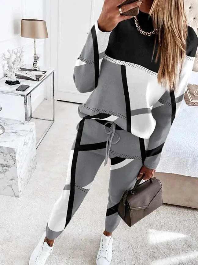 Geometric Color Block Women's Sweatshirt and Tracksuit Pants Set