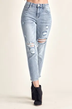 Mid Wash Distressed Slim Cropped Jeans