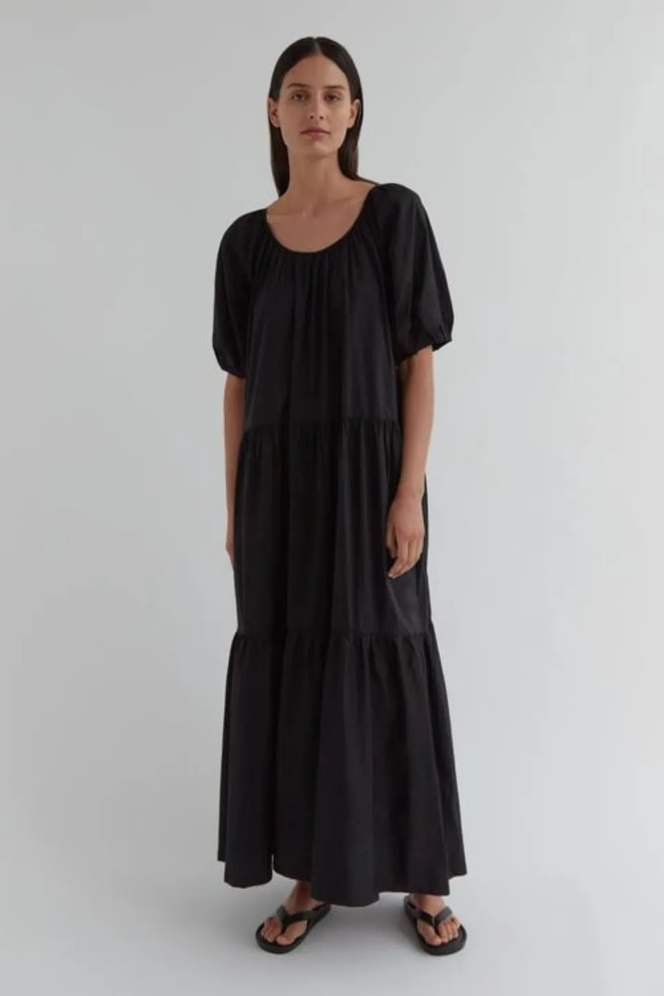 Millie Black Cotton Voile SS Tiered Midi Dress