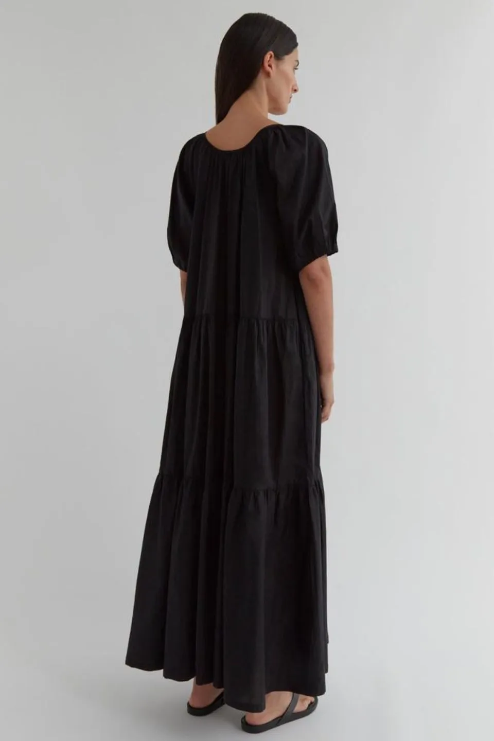 Millie Black Cotton Voile SS Tiered Midi Dress