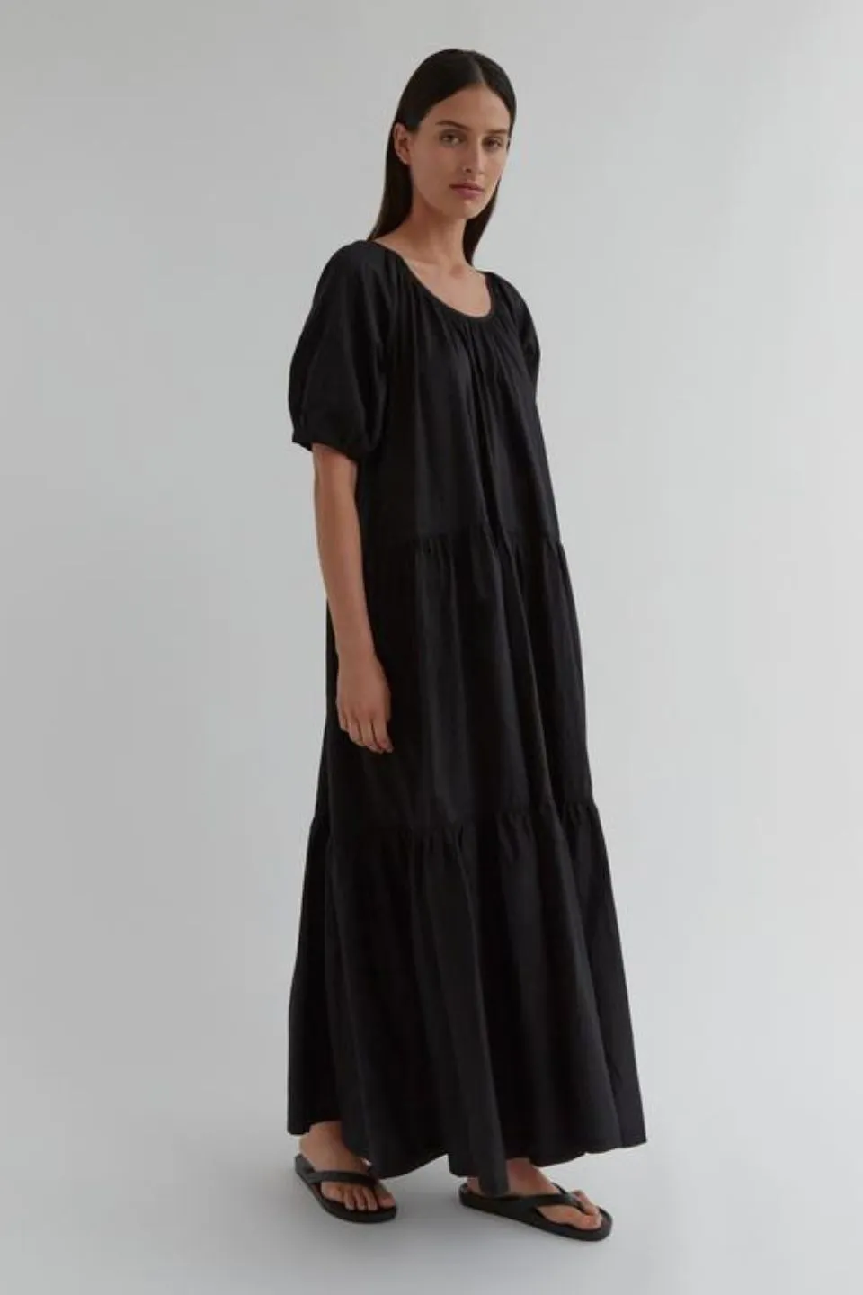 Millie Black Cotton Voile SS Tiered Midi Dress