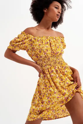 Mini Dress With Shirred Detail in Yellow Ditsy Floral Print