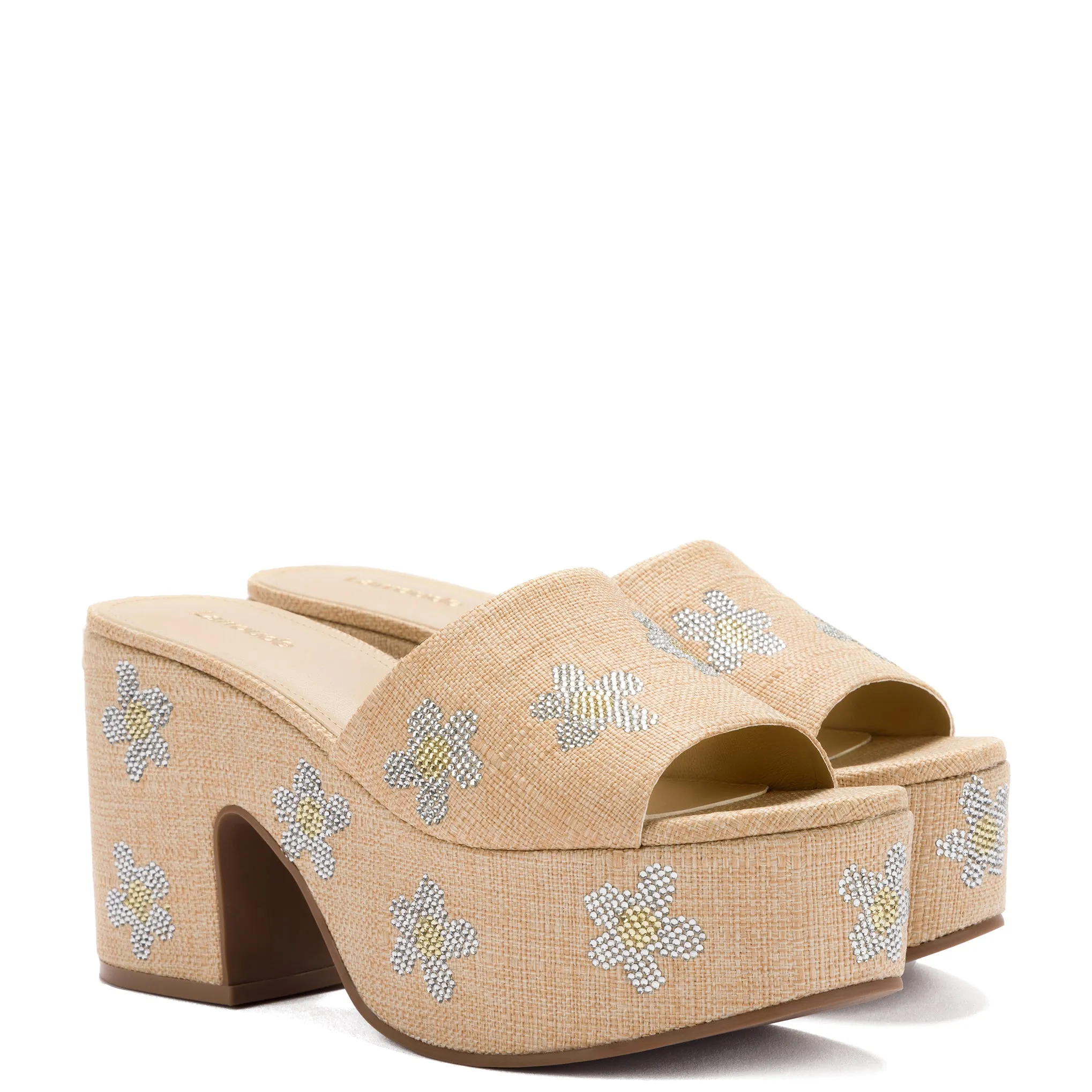 Miso Platform Sandal In Beige Raffia and Floral Crystals