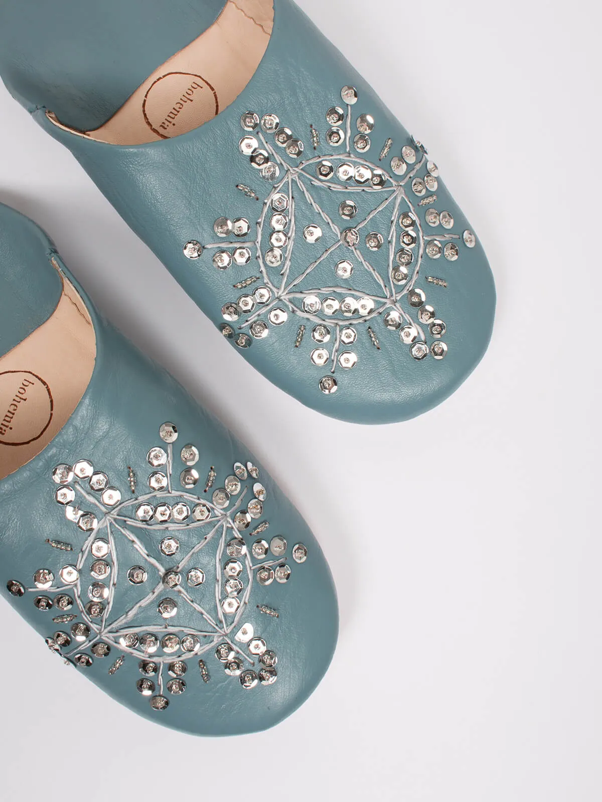 Moroccan Babouche Sequin Slippers, Slate Grey