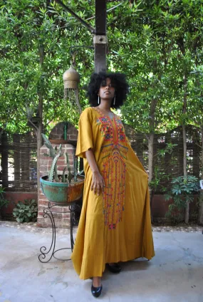 Mustard yellow Siwa embroidered Kaftan dress, Cotton Kaftan, caftans for women, Summer Kaftan, Embroidered kaftan, caftans, Egyptian