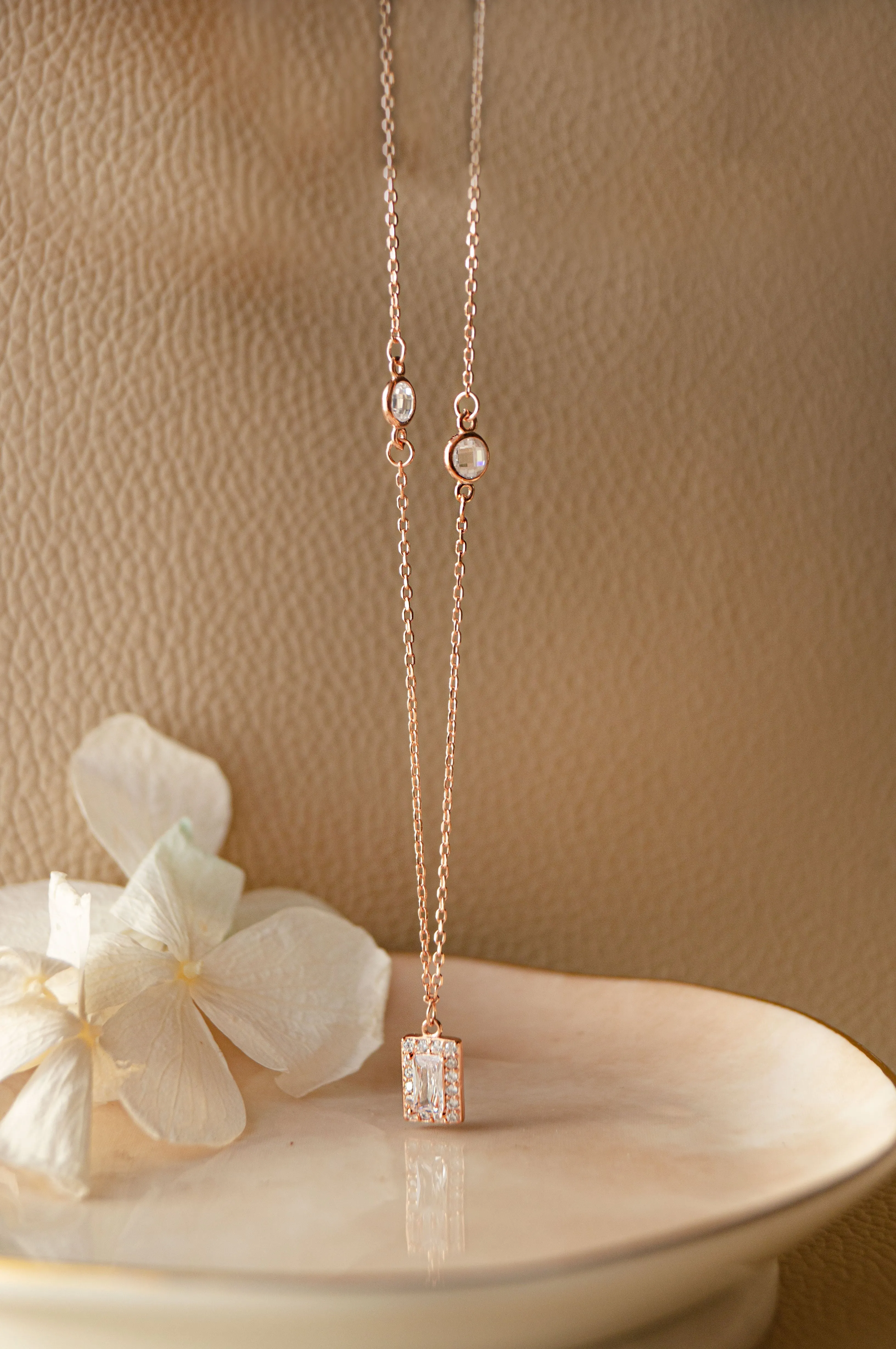 Mysterical Rectangle Solitaire Rose Gold Plated Sterling Silver Chain Necklace