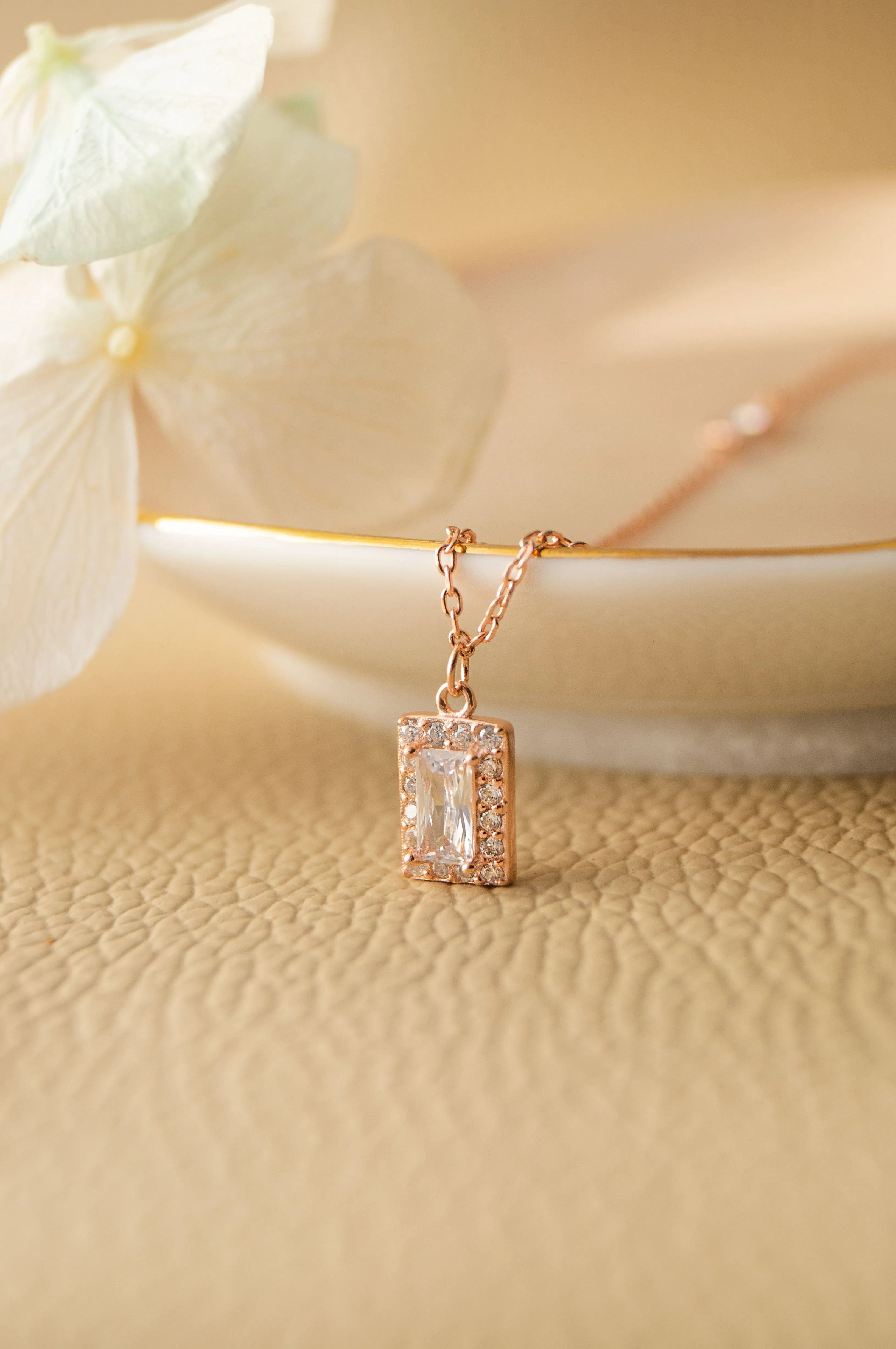 Mysterical Rectangle Solitaire Rose Gold Plated Sterling Silver Chain Necklace