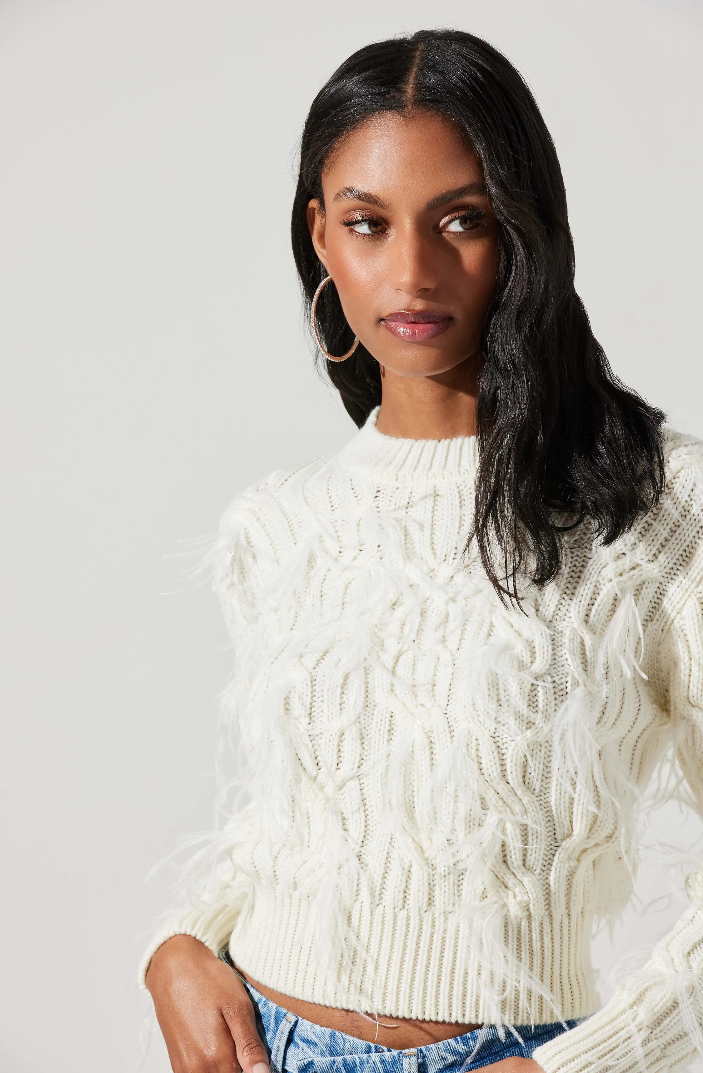 Almeida Feather Embellished Cable Knit Sweater