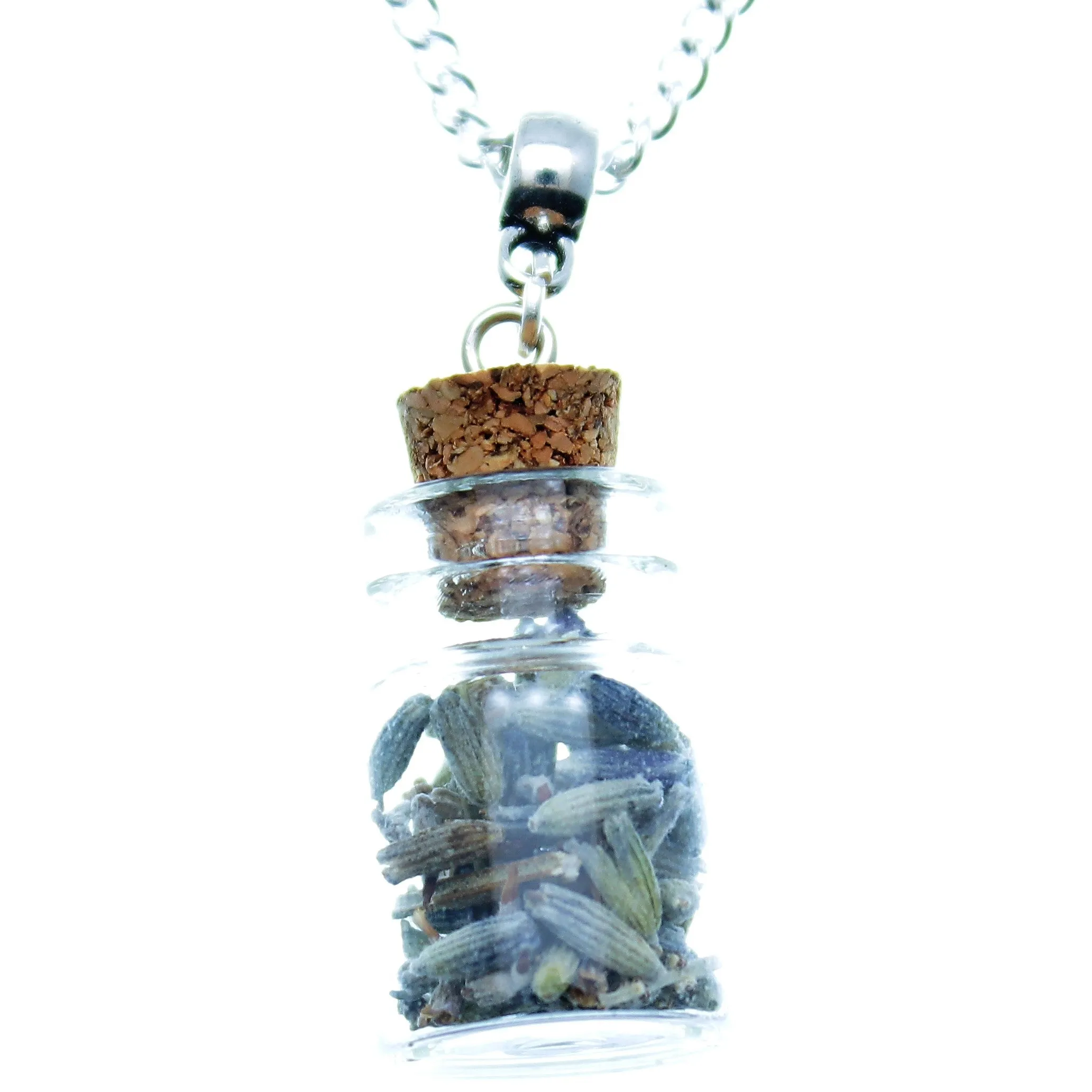 Necklace 24 Chain Glass Bottle Charm 22mm x 15mm with Lavender Flowers