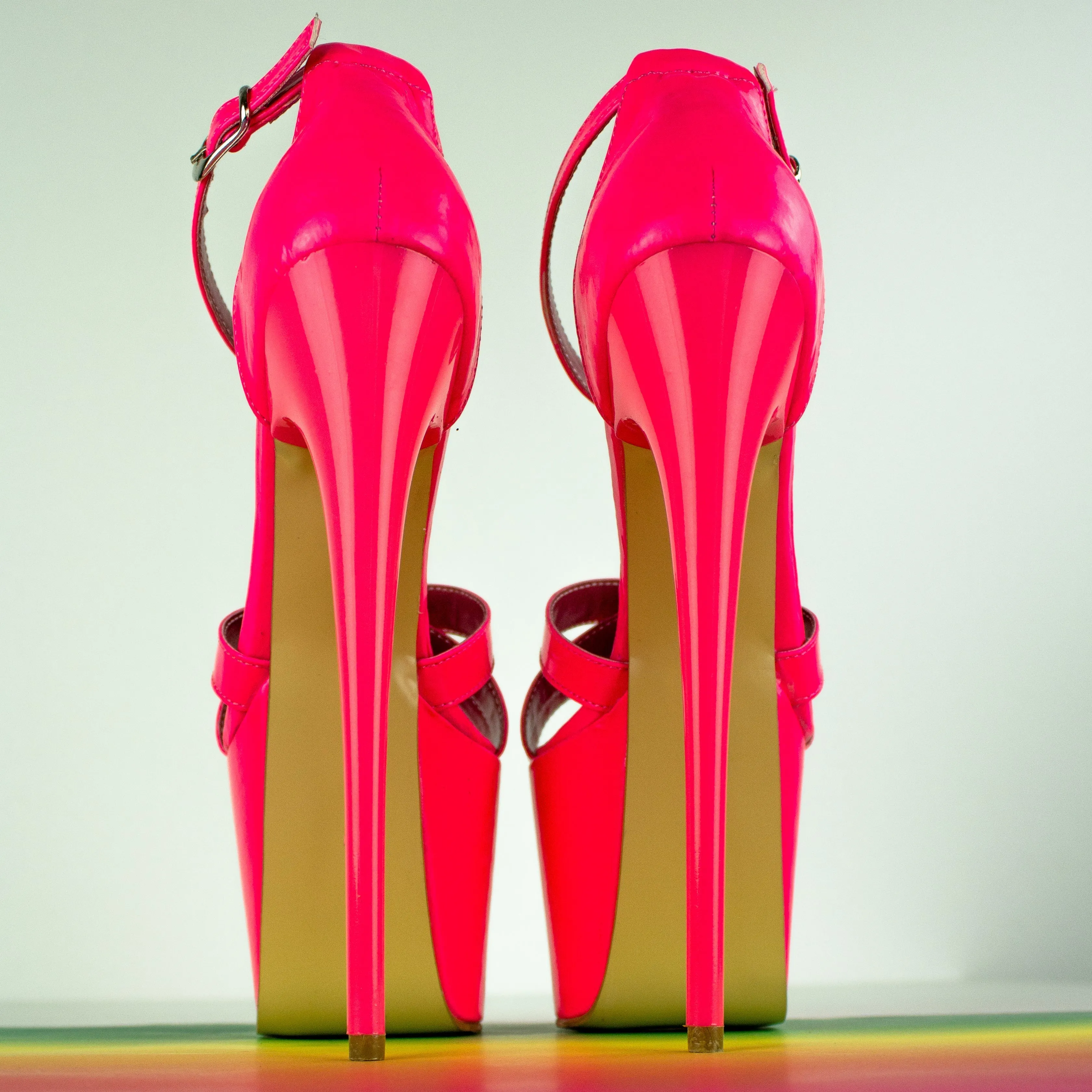 Neon Pink Gloss Cross Strap High Heel Sandals