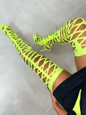 Neon Yellow Thigh High Cut-Out Sandal Boots