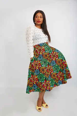 New in African Print Flare Midi Skirt - Adoni