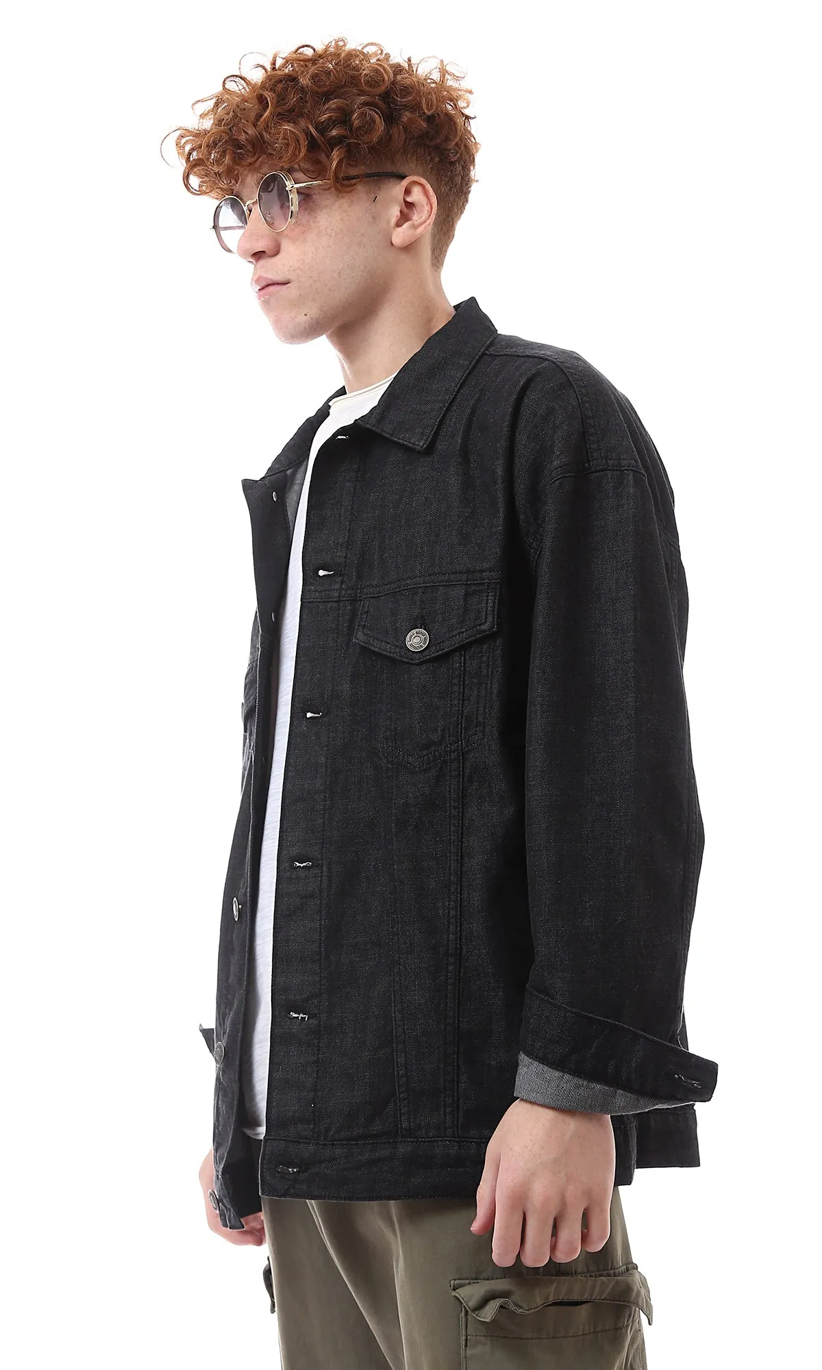 O174498 Black Denim Jacket With Buttoned Cuffs