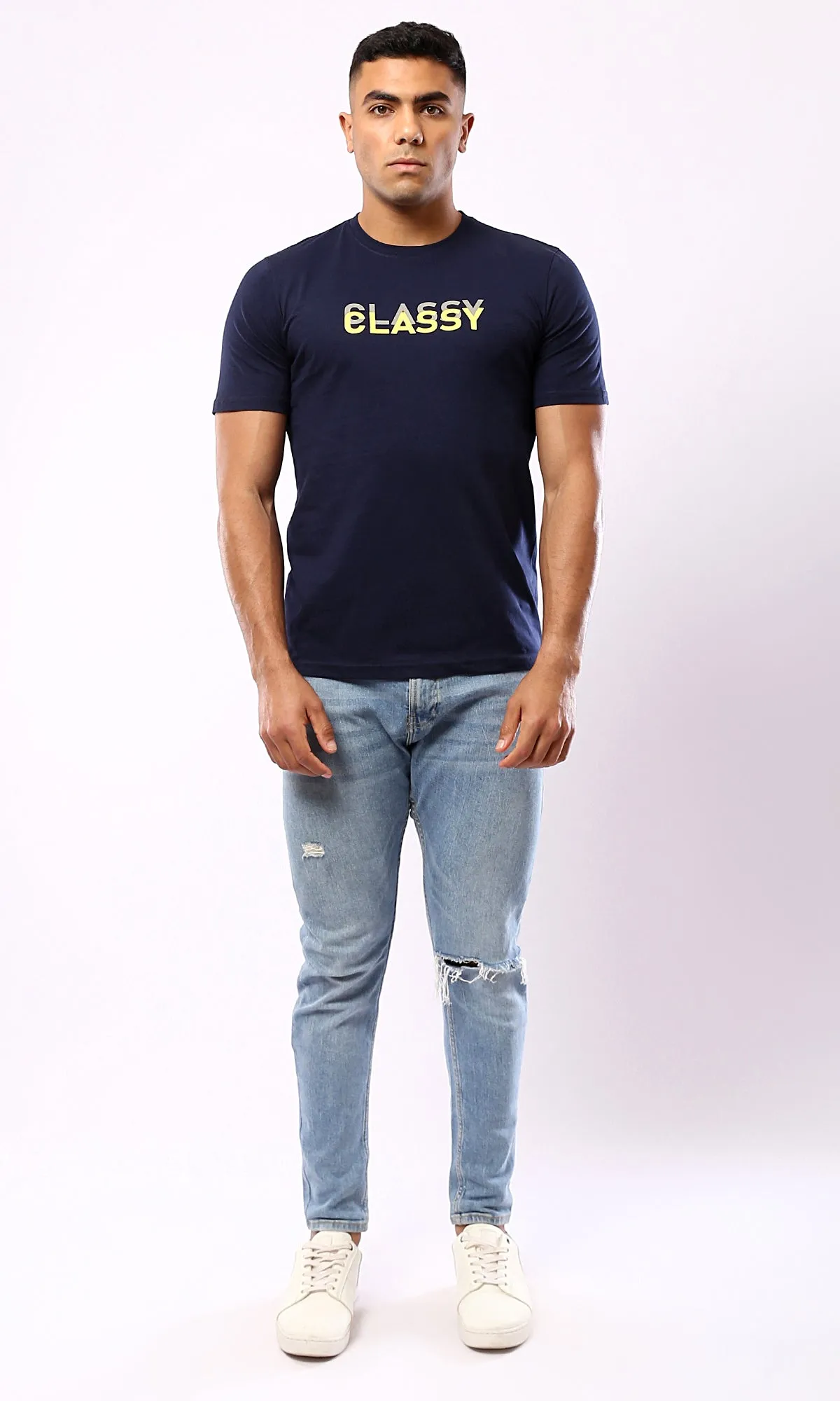 O179016 Navy Blue Classy Printed Casual Tee