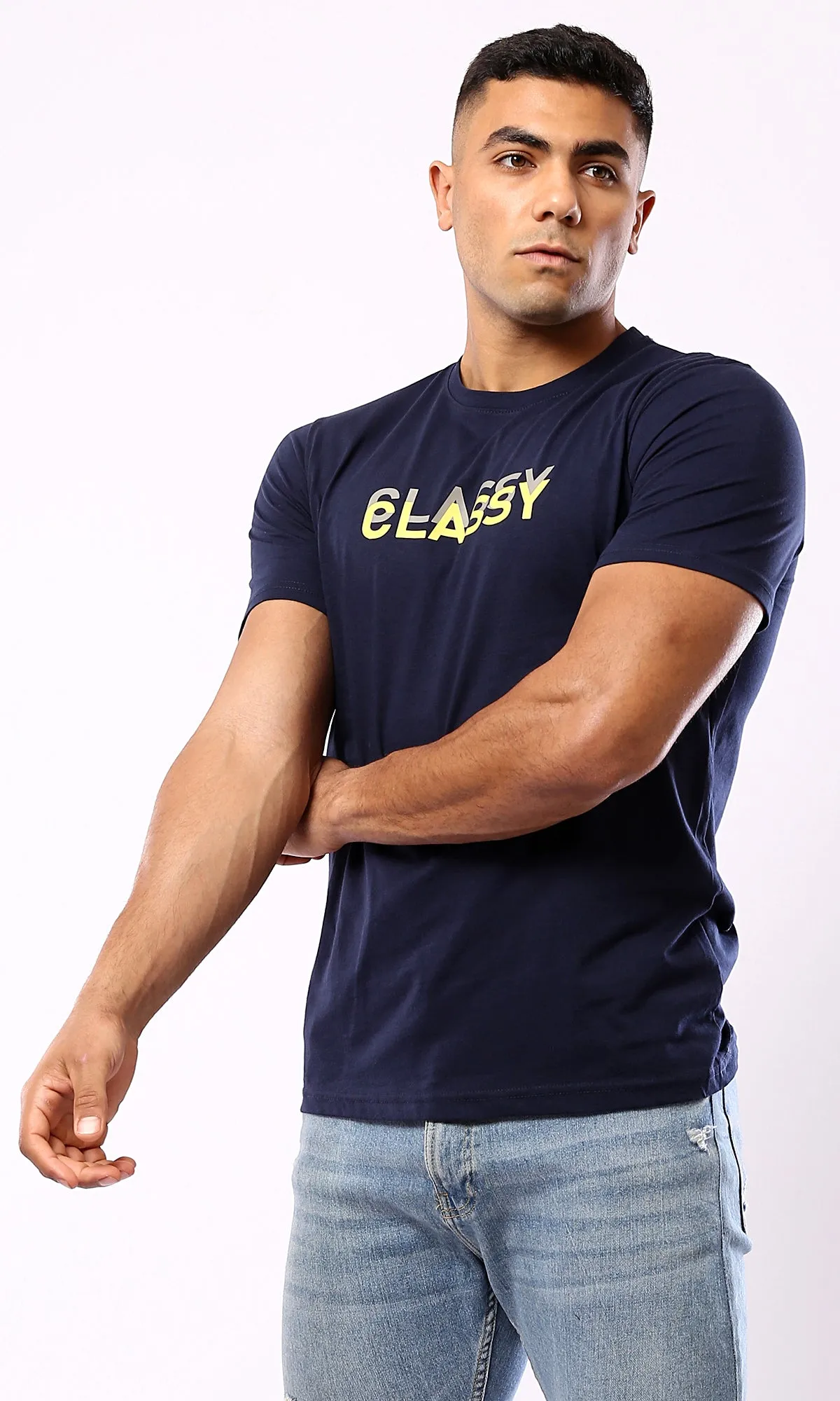 O179016 Navy Blue Classy Printed Casual Tee