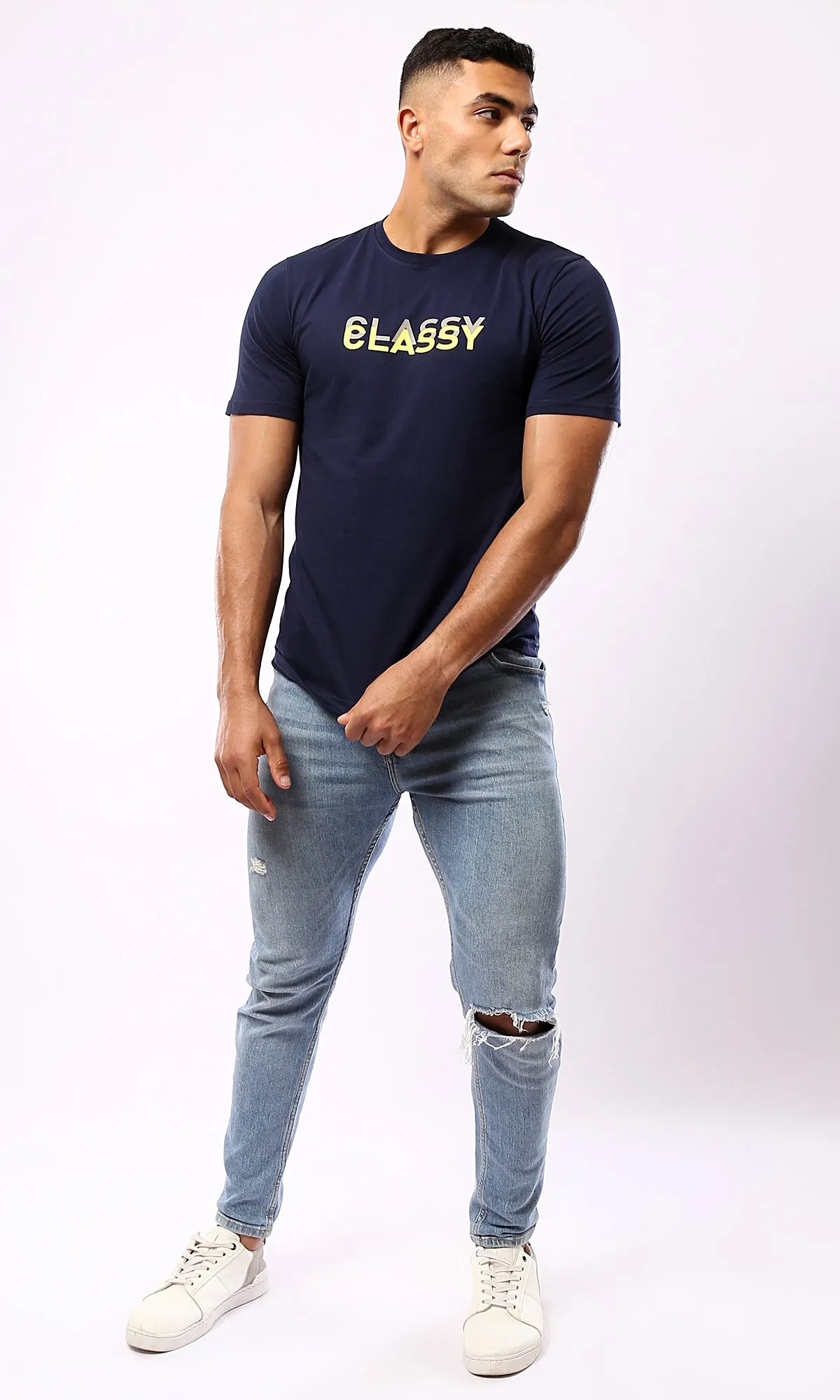 O179016 Navy Blue Classy Printed Casual Tee