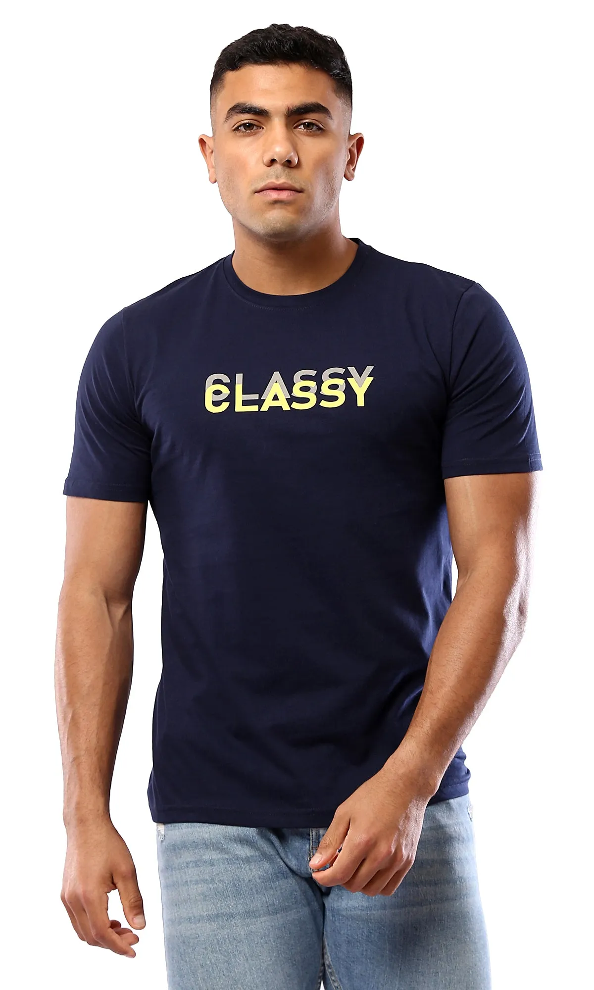 O179016 Navy Blue Classy Printed Casual Tee